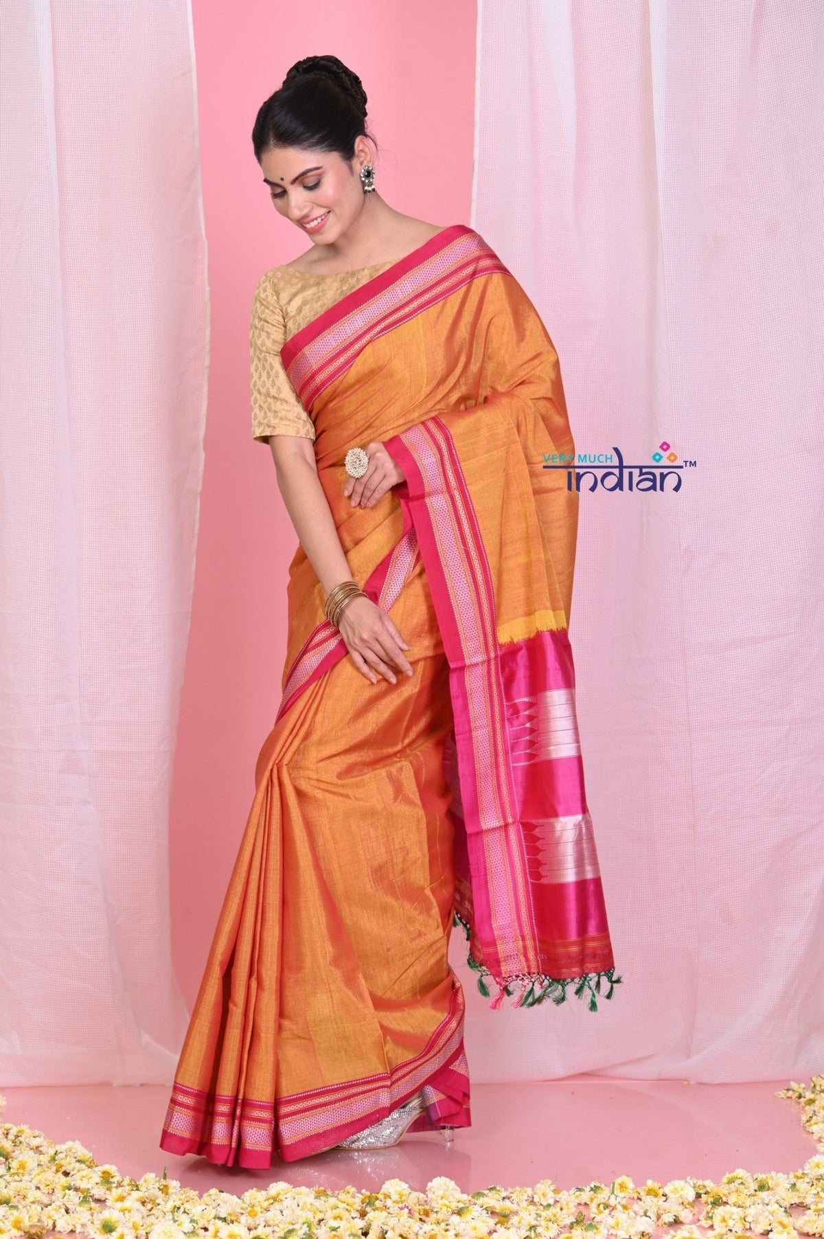 Pehal~ Traditional Handloom Bright Orange Ilkal Cotton Viscose with Pure Silk Pallu - verymuchindian.com