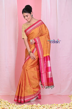 Pehal~ Traditional Handloom Bright Orange Ilkal Cotton Viscose with Pure Silk Pallu - verymuchindian.com