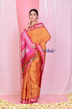 Pehal~ Traditional Handloom Bright Orange Ilkal Cotton Viscose with Pure Silk Pallu - verymuchindian.com
