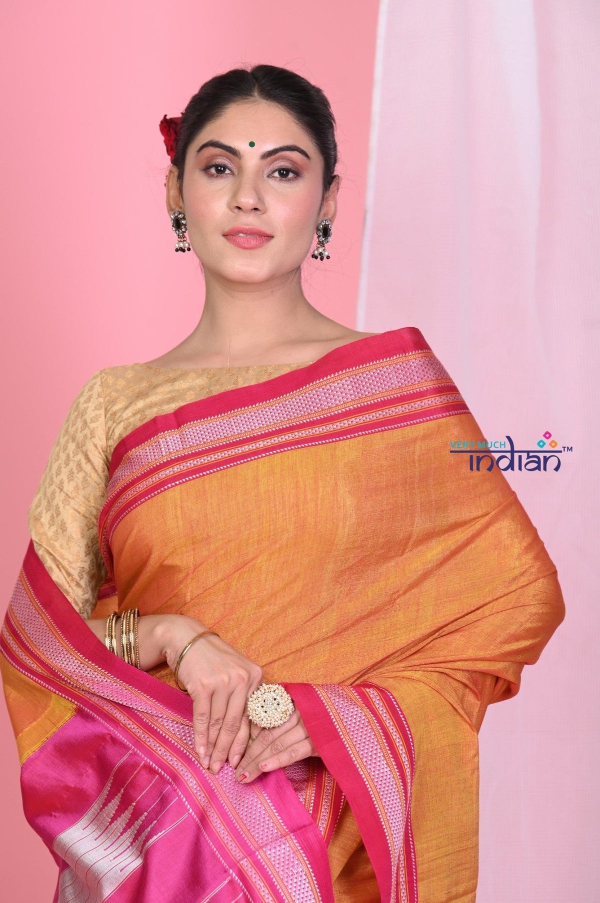 Pehal~ Traditional Handloom Bright Orange Ilkal Cotton Viscose with Pure Silk Pallu - verymuchindian.com