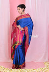 Pehal~ Traditional Handloom Navy Blue Ilkal with Pink Border & Resham Pallu - verymuchindian.com