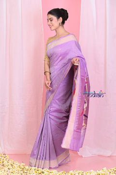 Pehal~ Traditional Lilac Cotton Paithani Saree with Zari Border & Authentic Parrot Pallu - verymuchindian.com