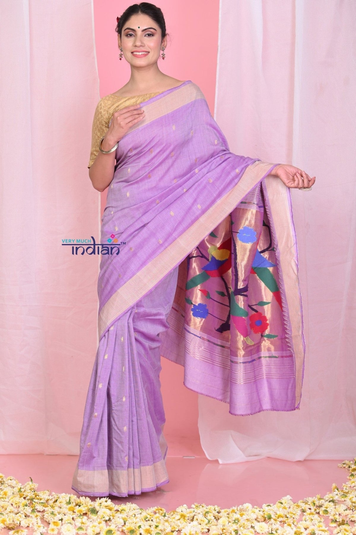 Pehal~ Traditional Lilac Cotton Paithani Saree with Zari Border & Authentic Parrot Pallu - verymuchindian.com