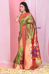 Pehal~EXCLUSIVE!Dual Tone Olive Green Pink Muniya Border Paithani Pure Silk with Peacocks Pallu - verymuchindian.com