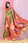 Pehal~EXCLUSIVE!Dual Tone Olive Green Pink Muniya Border Paithani Pure Silk with Peacocks Pallu - verymuchindian.com