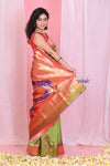 Pehal~EXCLUSIVE!Dual Tone Olive Green Pink Muniya Border Paithani Pure Silk with Peacocks Pallu - verymuchindian.com