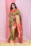Pehal~EXCLUSIVE!Dual Tone Olive Green Pink Muniya Border Paithani Pure Silk with Peacocks Pallu - verymuchindian.com