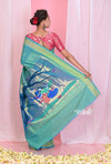 Pehal~Traditional Dual Tone Turqoise Blue Cotton Paithani with Traditional Radha Krishna Pallu - verymuchindian.com