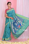 Pehal~Traditional Dual Tone Turqoise Blue Cotton Paithani with Traditional Radha Krishna Pallu - verymuchindian.com