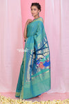 Pehal~Traditional Dual Tone Turqoise Blue Cotton Paithani with Traditional Radha Krishna Pallu - verymuchindian.com