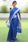Pure Organic Linen Saree - Cobalt Blue - verymuchindian.com