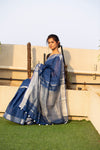 Pure Organic Linen Saree - Cobalt Blue - verymuchindian.com
