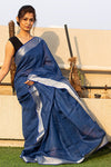 Pure Organic Linen Saree - Cobalt Blue - verymuchindian.com