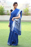 Pure Organic Linen Saree - Cobalt Blue - verymuchindian.com