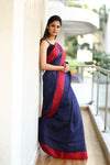 Pure Organic Linen Saree - Navy Blue And Red Bordered - verymuchindian.com
