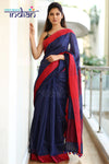 Pure Organic Linen Saree - Navy Blue And Red Bordered - verymuchindian.com