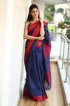 Pure Organic Linen Saree - Navy Blue And Red Bordered - verymuchindian.com