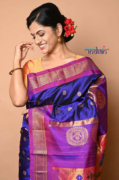 Pure Silk Handloom Maharani Paithani - Blue with Purple Border and floral buttis - verymuchindian.com