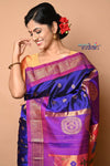 Pure Silk Handloom Maharani Paithani - Blue with Purple Border and floral buttis - verymuchindian.com