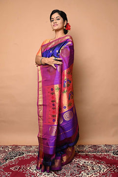 Pure Silk Handloom Maharani Paithani - Blue with Purple Border and floral buttis - verymuchindian.com