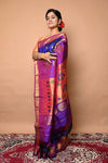 Pure Silk Handloom Maharani Paithani - Blue with Purple Border and floral buttis - verymuchindian.com