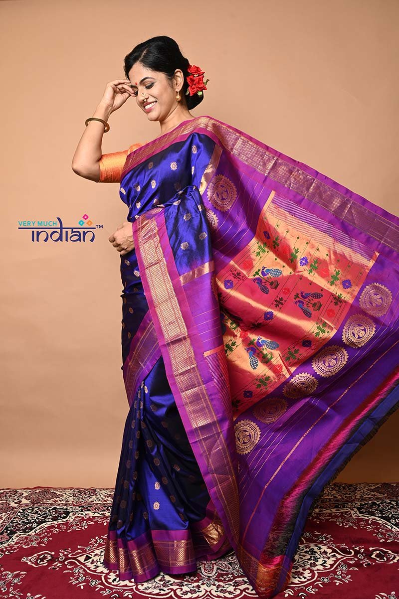 Pure Silk Handloom Maharani Paithani - Blue with Purple Border and floral buttis - verymuchindian.com
