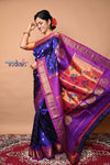 Pure Silk Handloom Maharani Paithani - Blue with Purple Border and floral buttis - verymuchindian.com