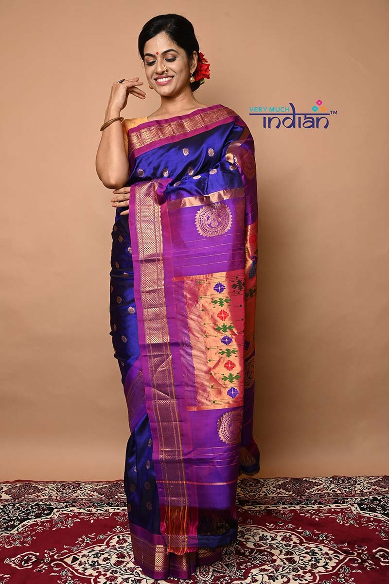 Pure Silk Handloom Maharani Paithani - Blue with Purple Border and floral buttis - verymuchindian.com