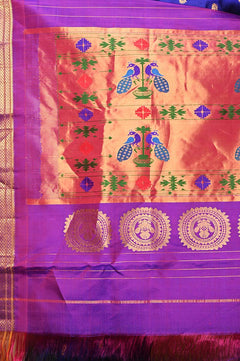 Pure Silk Handloom Maharani Paithani - Blue with Purple Border and floral buttis - verymuchindian.com