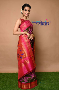 Pure Silk Handloom Maharani Paithani - Dual Tone Pink Saree with Gold and Pink Border(Available in Peacock Buttis with Meenawork) - verymuchindian.com