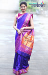 Pure Silk Handloom Yeola Paithani - Traditional Double Pallu - Dark Blue with Purple border - verymuchindian.com