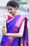 Pure Silk Handloom Yeola Paithani - Traditional Double Pallu - Dark Blue with Purple border - verymuchindian.com