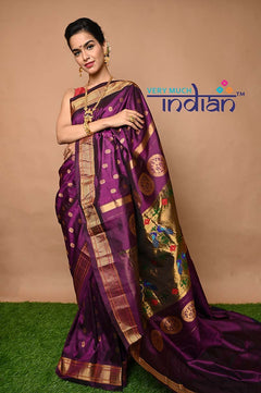 Pure Silk Maharani Paithani - Solid Violet Saree with Golden Border - verymuchindian.com