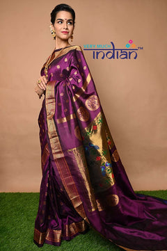 Pure Silk Maharani Paithani - Solid Violet Saree with Golden Border - verymuchindian.com