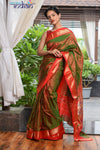 Pure Silk Yeola Handloom Green Red Dual Tone - Paithani saree with Traditional Double Pallu - verymuchindian.com