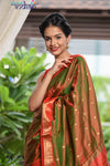 Pure Silk Yeola Handloom Green Red Dual Tone - Paithani saree with Traditional Double Pallu - verymuchindian.com