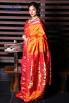 Pure Silk Yeola Handloom Orange Paithani Weave with Peach and Gold Border with Double Pallu - verymuchindian.com