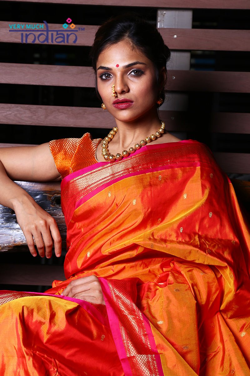 Pure Silk Yeola Handloom Orange Paithani Weave with Peach and Gold Border with Double Pallu - verymuchindian.com