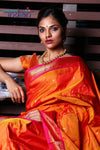 Pure Silk Yeola Handloom Orange Paithani Weave with Peach and Gold Border with Double Pallu - verymuchindian.com