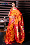 Pure Silk Yeola Handloom Orange Paithani Weave with Peach and Gold Border with Double Pallu - verymuchindian.com