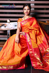 Pure Silk Yeola Handloom Orange Paithani Weave with Peach and Gold Border with Double Pallu - verymuchindian.com