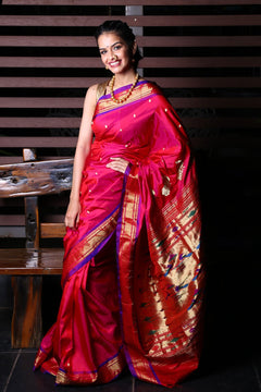 Pure Silk Yeola Handloom Paithani Saree with Double Pallu - Pretty Pink with Purple Border - verymuchindian.com