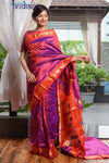 Pure Silk Yeola Handloom Purple &amp; Red Dual Tone Weave with 30 Peacocks Pallu - verymuchindian.com