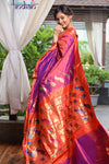 Pure Silk Yeola Handloom Purple &amp; Red Dual Tone Weave with 30 Peacocks Pallu - verymuchindian.com