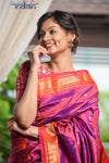 Pure Silk Yeola Handloom Purple &amp; Red Dual Tone Weave with 30 Peacocks Pallu - verymuchindian.com