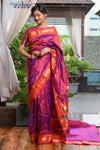 Pure Silk Yeola Handloom Purple &amp; Red Dual Tone Weave with 30 Peacocks Pallu - verymuchindian.com