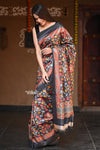 Raaga ~ Adequate Black Pure Handloom Desi Tussar Silk With Authentic Kalamkari Print - verymuchindian.com