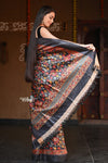 Raaga ~ Adequate Black Pure Handloom Desi Tussar Silk With Authentic Kalamkari Print - verymuchindian.com