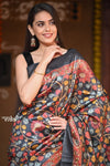 Raaga ~ Adequate Black Pure Handloom Desi Tussar Silk With Authentic Kalamkari Print - verymuchindian.com