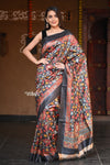 Raaga ~ Adequate Black Pure Handloom Desi Tussar Silk With Authentic Kalamkari Print - verymuchindian.com